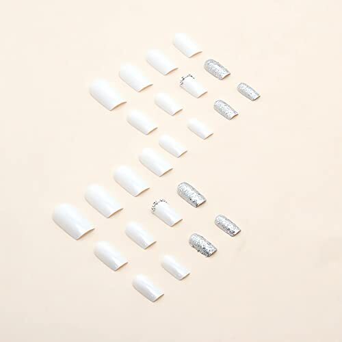 Square White Press on Nails Medium Fake Nails with Silvery Glitter Style8
