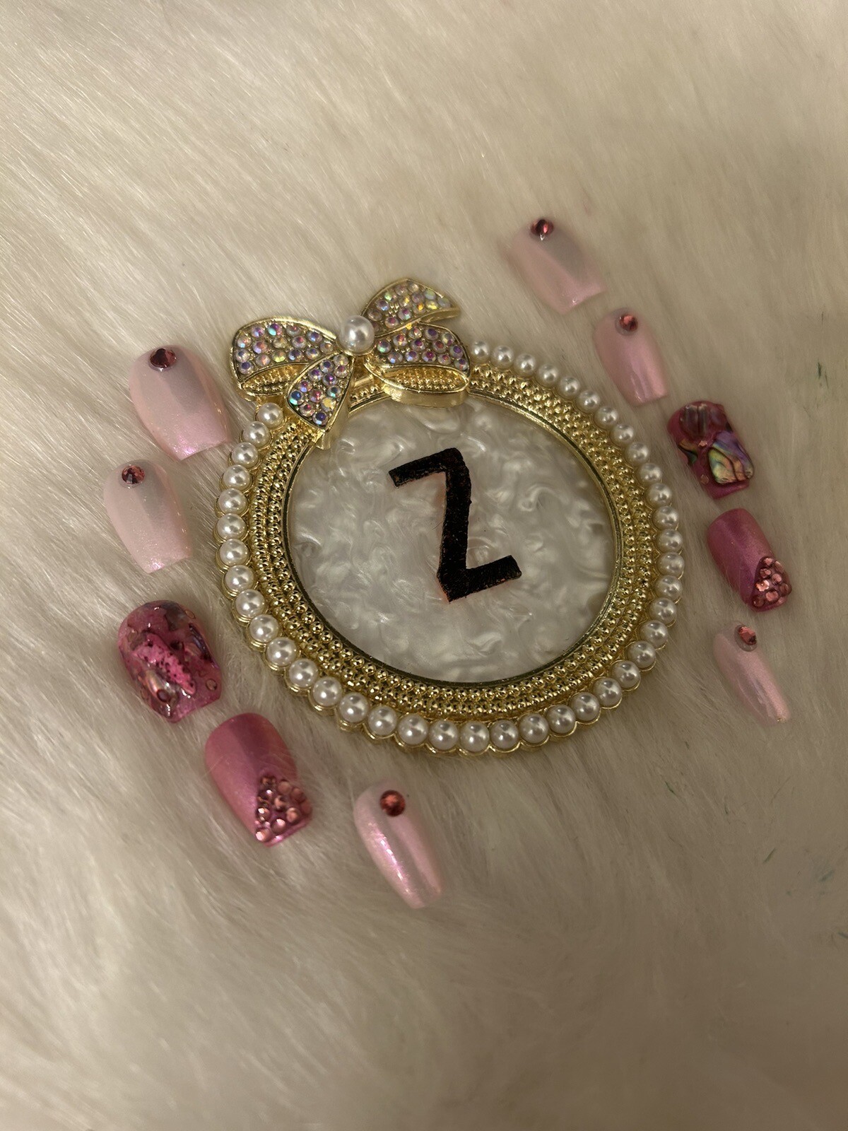 Z NAILZ!Handcrafted Set Of M Coffin Pink With Abalone Shell And Stones Press Ons