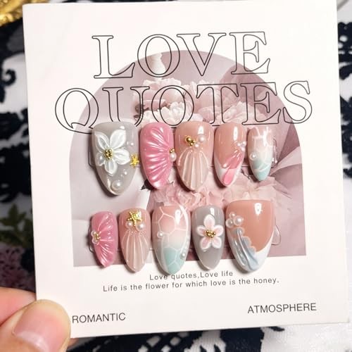 24Pcs Beach Press on Nails – Extra Short Almond Fake Nails – 3D Flowers Starfish