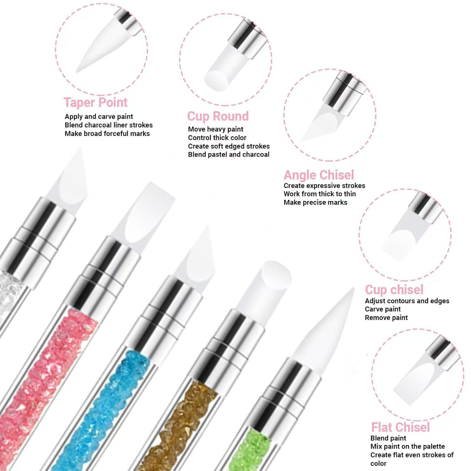 10Pcs Double Ended Nail Art Tool Set, Rhinestone Handle Nail Brushes with Ultra
