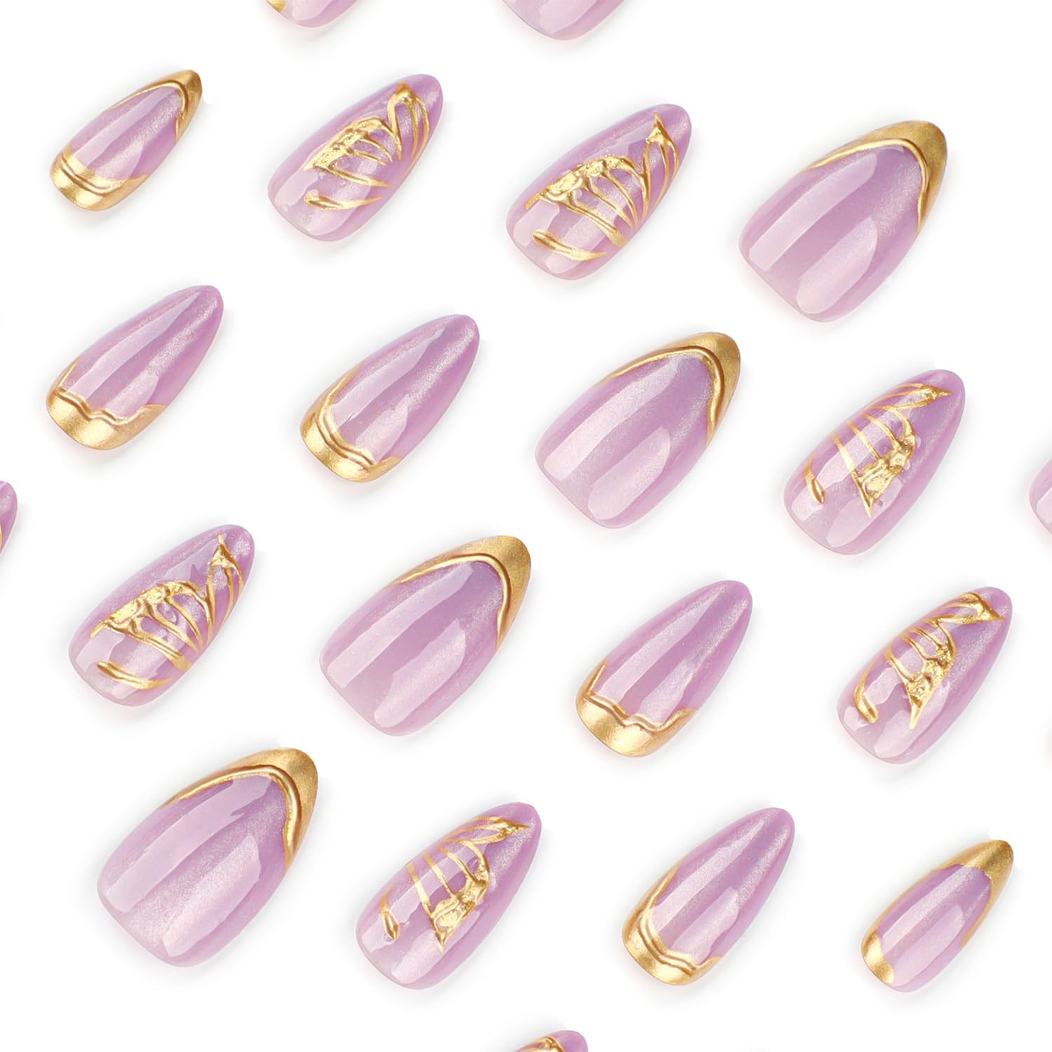 Butterfly Press on Nails Purple Almond Medium Fake Nails with Gold Accents and W