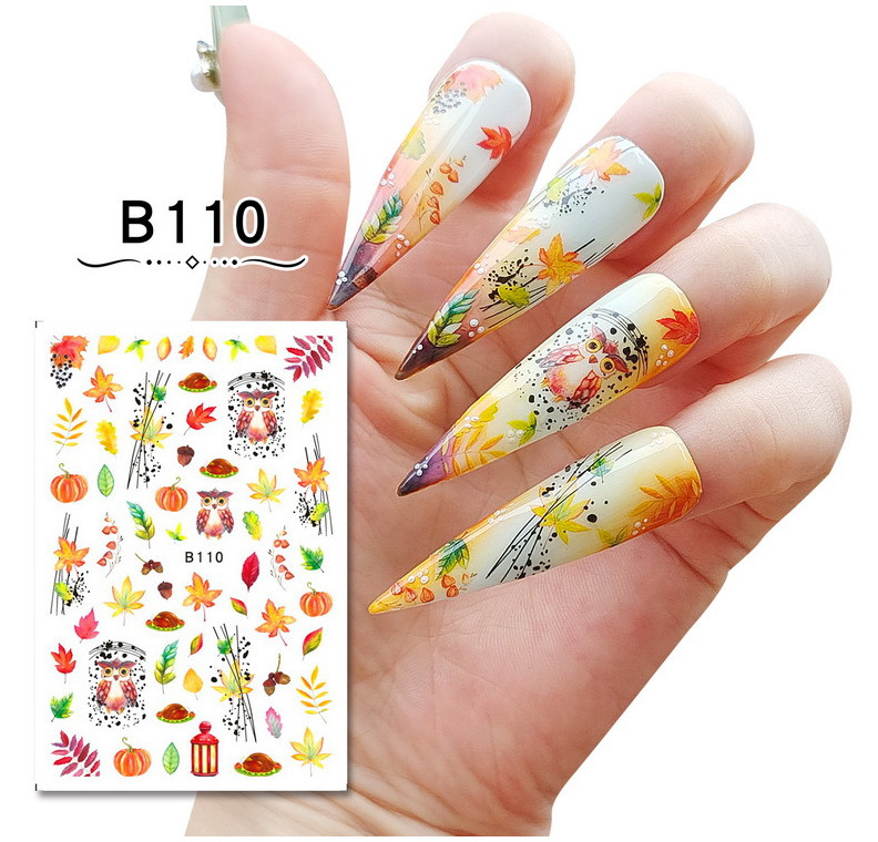 Autumn Theme 3D Nail Stickers Maple Leaves Owl TurKey Transfer Decals B110 NH15
