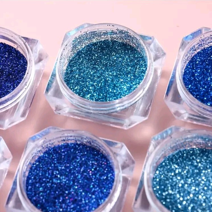 6pcs Cool Blue Ocean Glitter Nail Powder Set – Sparkling Sugar Sequins, Crystal