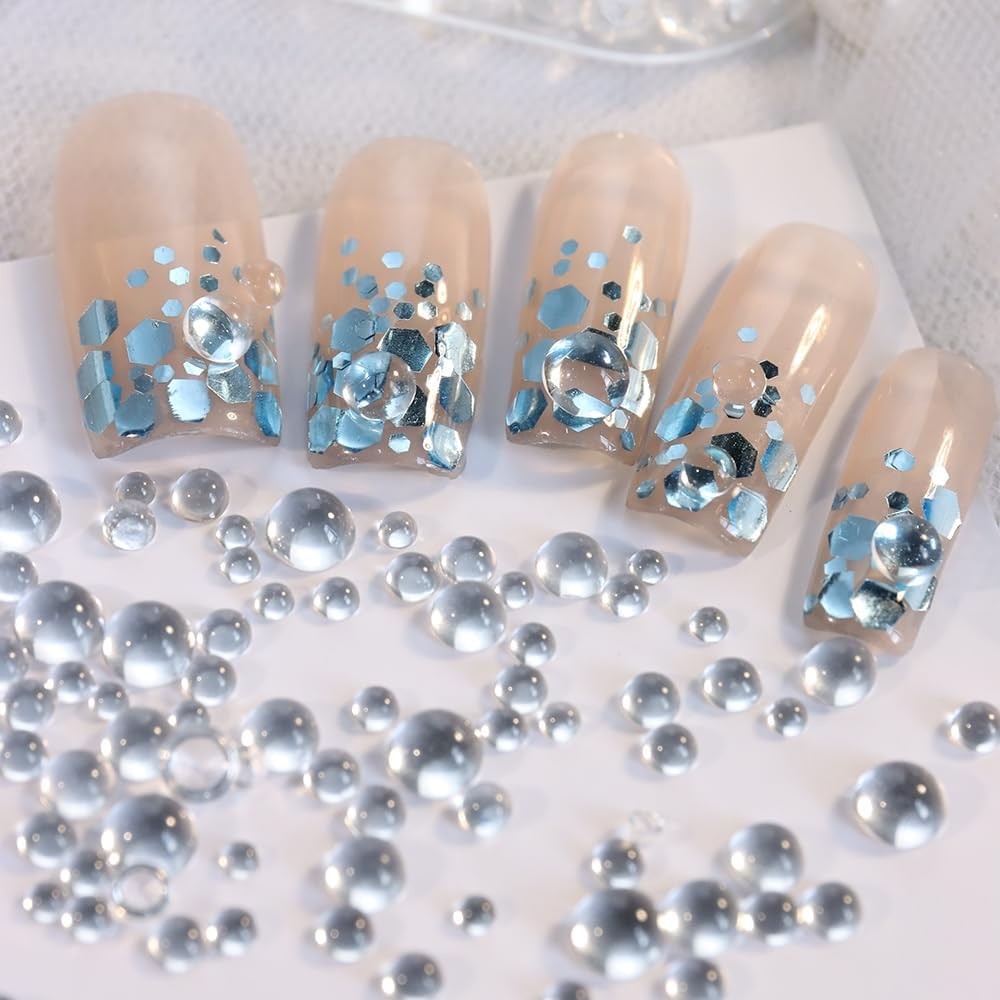 3D Clear Bubble Beads Nail Art Charms, Mixed Sizes Glass Flatback Rhinestones