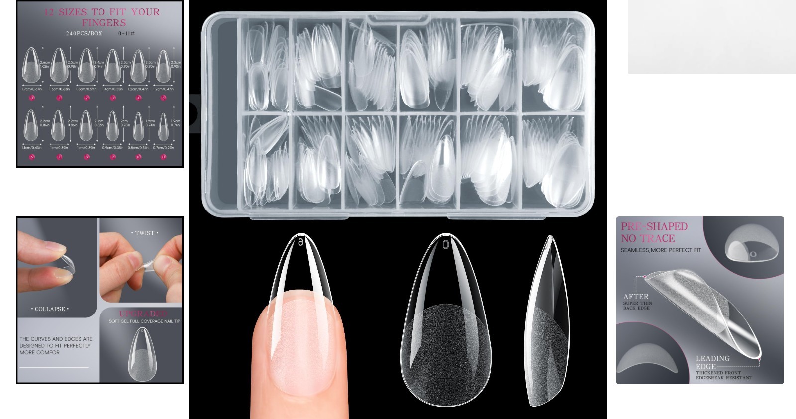 Professional 240Pcs Soft Gel Almond Nail Tips in 12 Sizes with Half Matte Finish