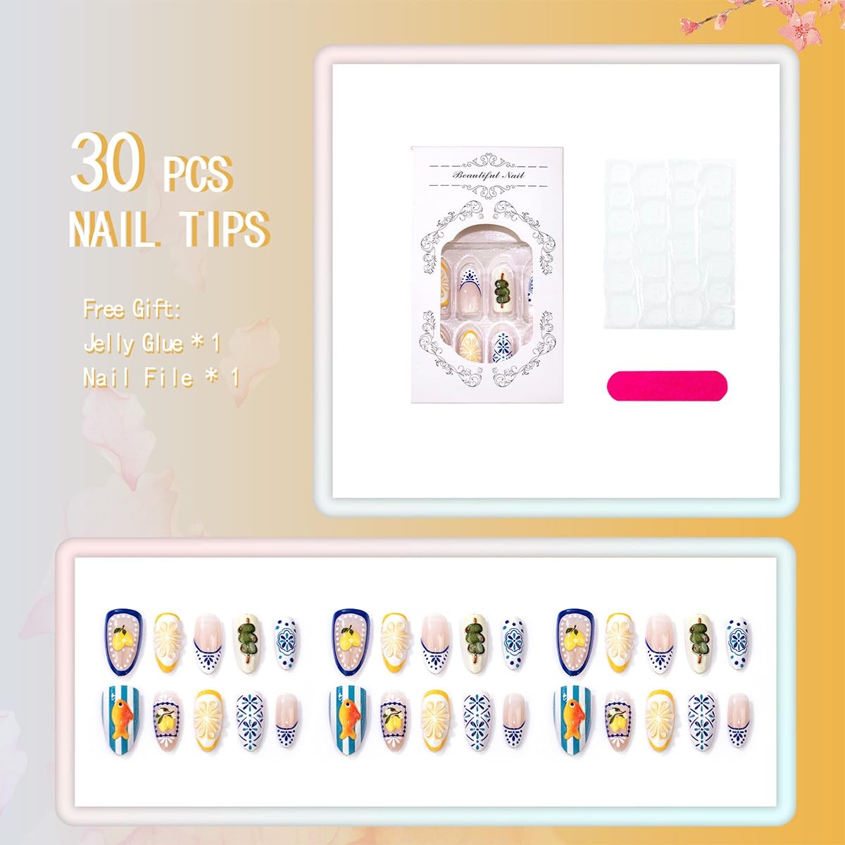 30Pcs Summer Press On Nails Almond Medium Fake Nails with 3D Goldfish Lemon a…