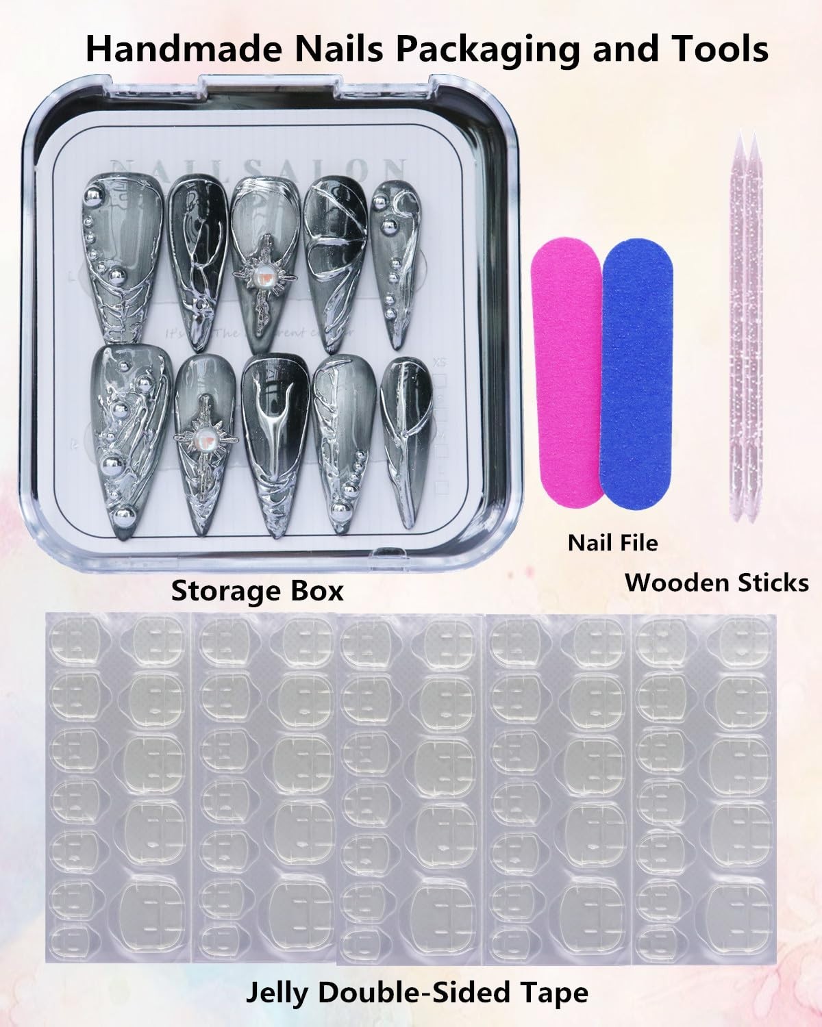 Luxury Gray Silver Gradient Stiletto Press On Nails – 3D Gothic Design, Reusable