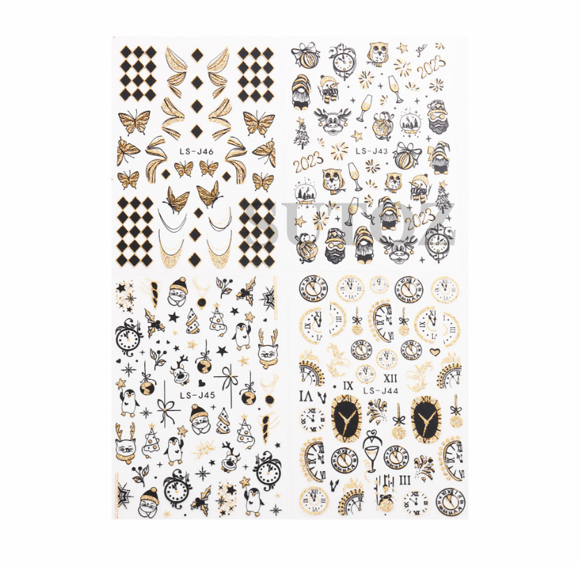 Glitter 3D Gold Black 2023 New Year Clock Time Cat French Nail Art Stickers NH21