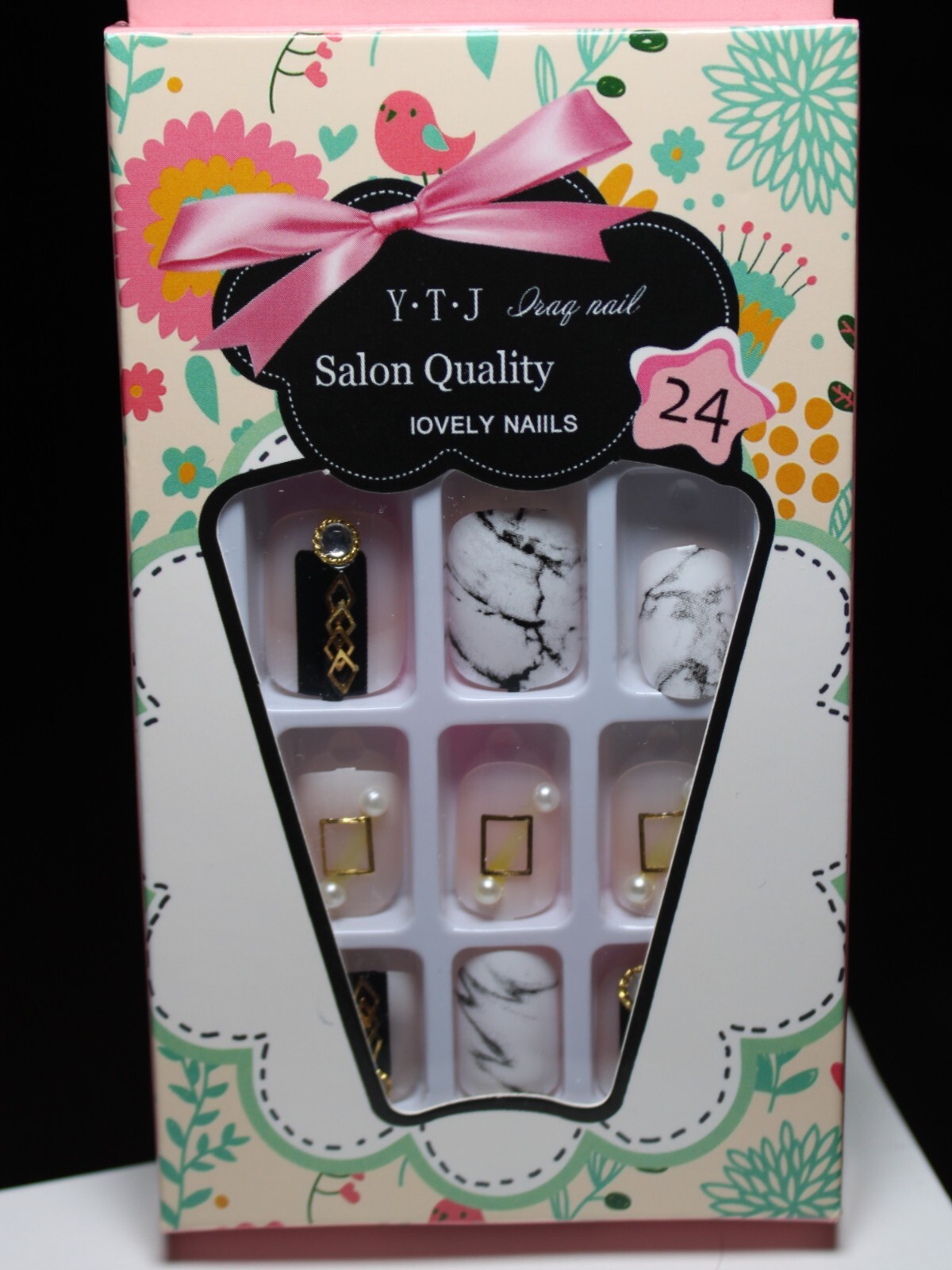 24 Piece Press-On SHORT SQ Nail Set ** Black, White & Gold ** BUY 2 Get 1 FREE