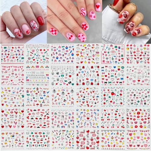 30 Sheets Valentine’s Day Nail Stickers 3D Embossed Red Love Heart Nail Style-3