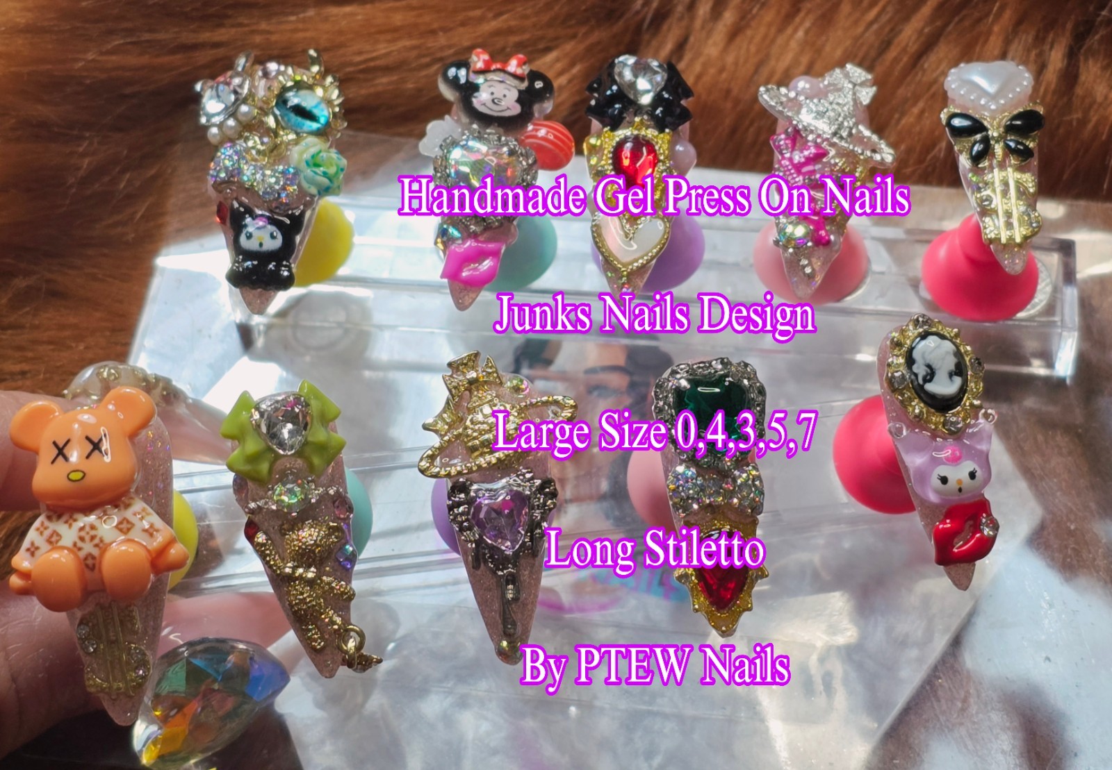 Handmade Gel Press On Nails,Junkie Nails, Large Size 0,4,3,5,7 Long Stiletto
