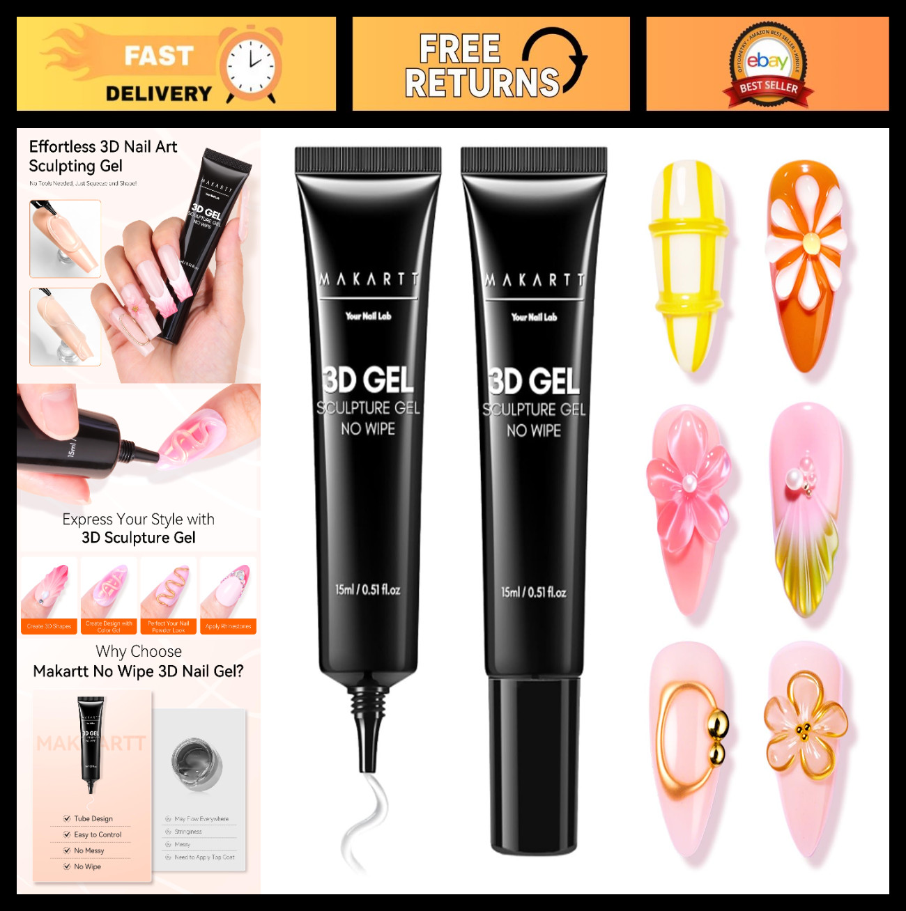 3D Nail Art Gel – 2 Pcs 15g No Wipe Molding Gel for DIY Manicure & Nail Decorati