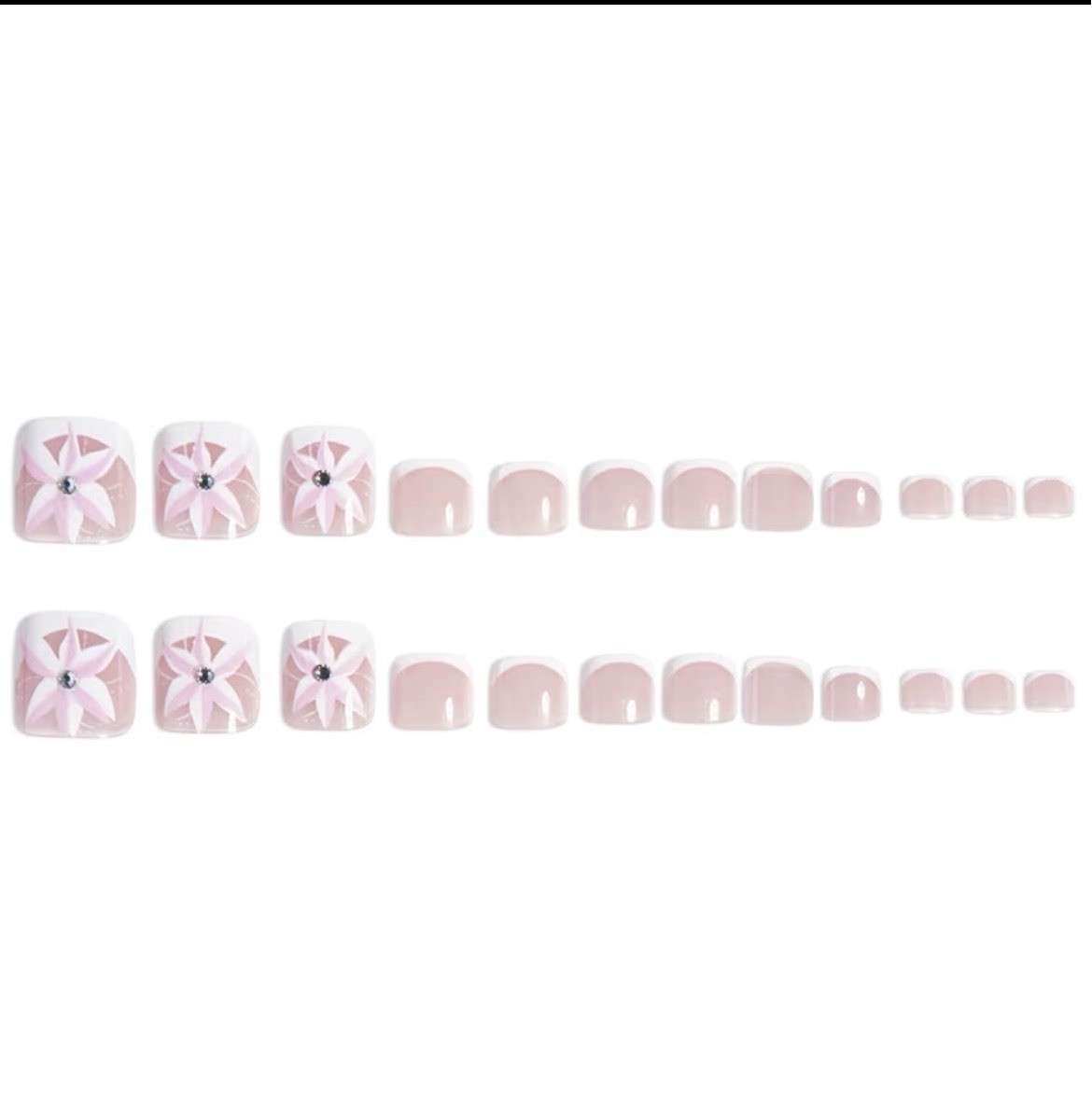 Pink White Floral Square Short Press-On Toenails French Glue Included
