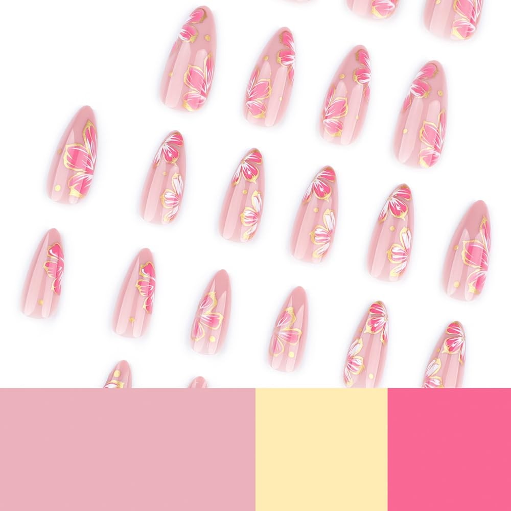 24 Pcs Pink Press on Nails Short Almond,Fake Nails Press ons Nail Tips Full C…