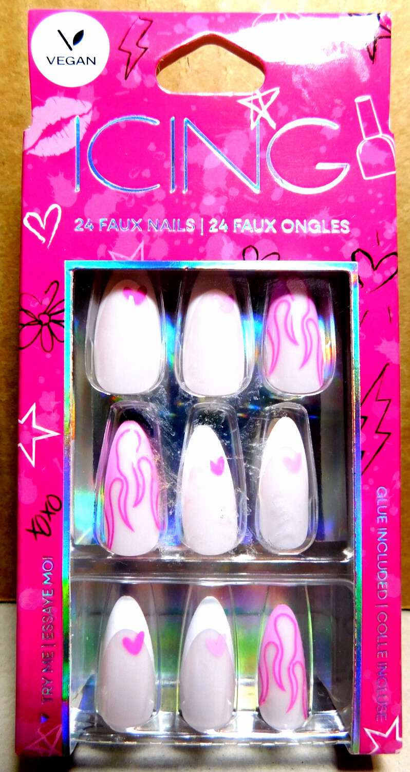 CBI Distributing Corp~Icing 24 Faux Nails Vegan BH.AN Pink & White Hearts&Flames