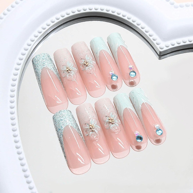 48 Pcs of Fresh Mint Green 3D Flower Handmade Fake Nails – Removable Fake Nail