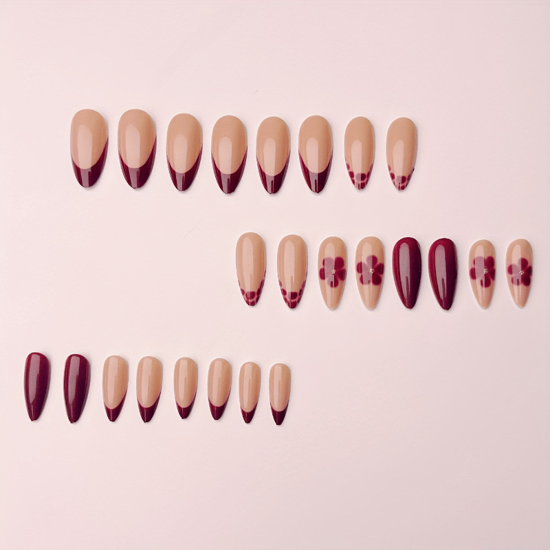 48P Short Almond Press on Nails, Wine Red Swirl French Luxury Fake Nails