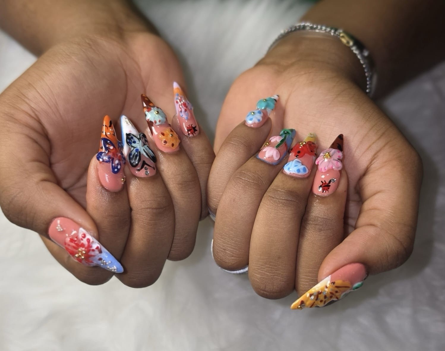 Multicolor 3D Floral Long Stiletto Press-On Nails Pre-Designed Handmade
