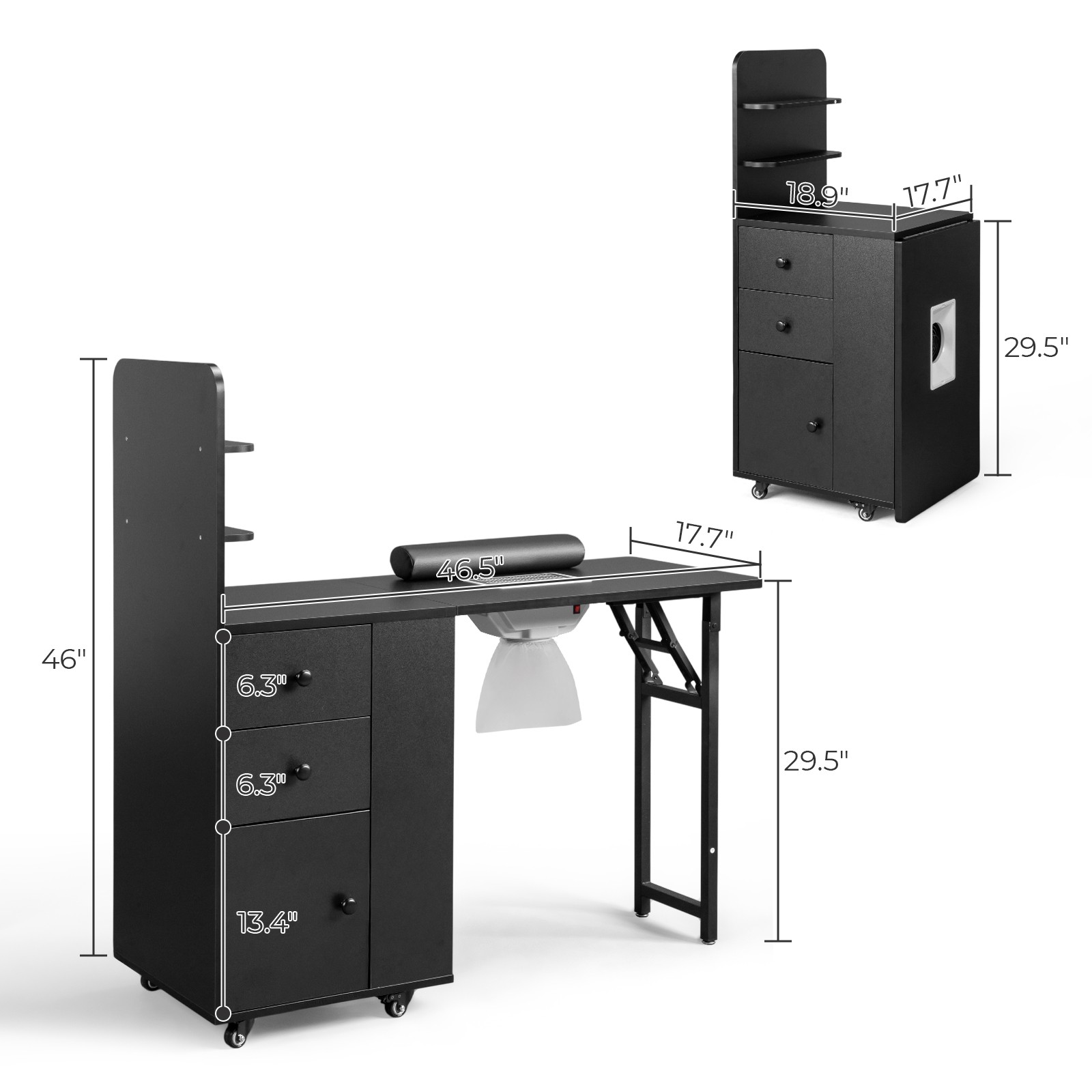 All-in-One Foldable Nail Table with Electric Dust Collector, Cabinet, Wrist Rest