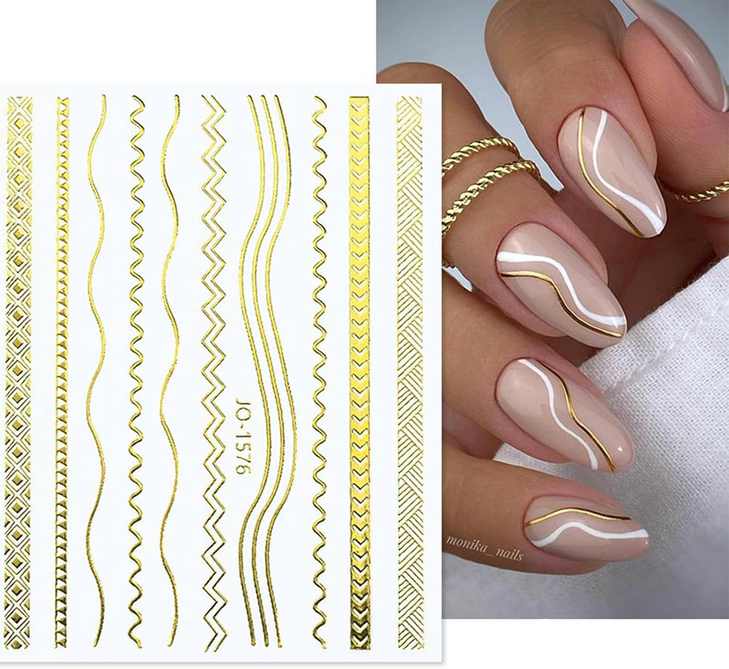 12 Sheets Gold Nail Stickers – 3D Self-Adhesive Metal Geometric Stripe Wave Nail