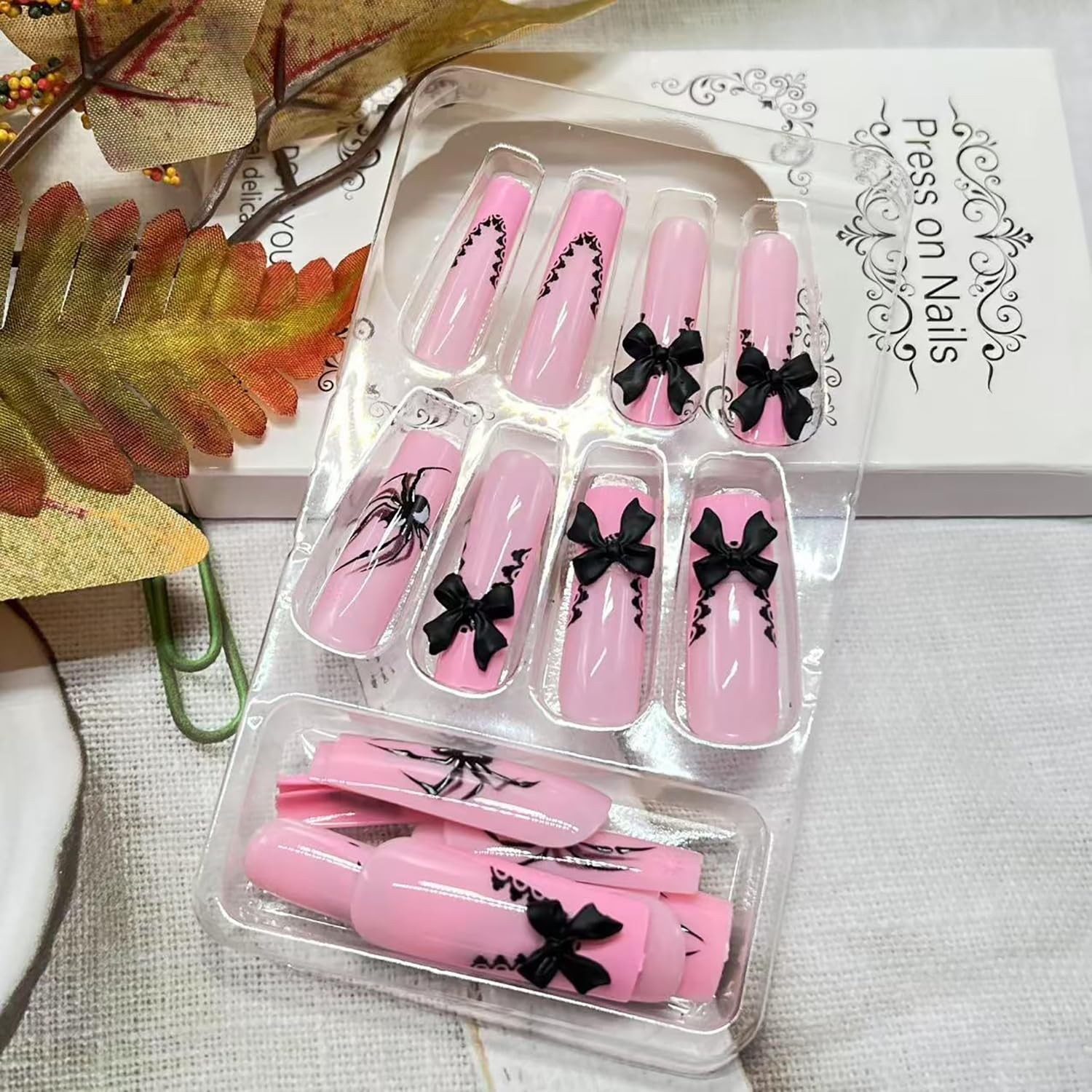 Halloween Pink French Tip Press on Nails Long Square Shaped Fake Nails Spider…