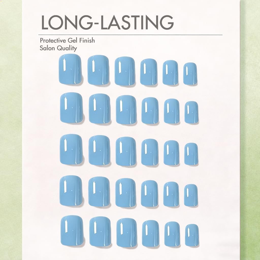 SXVME Soft Gel Press On Nails Short Square, 30 Pcs 15 Sizes Bright Ocean Blue…