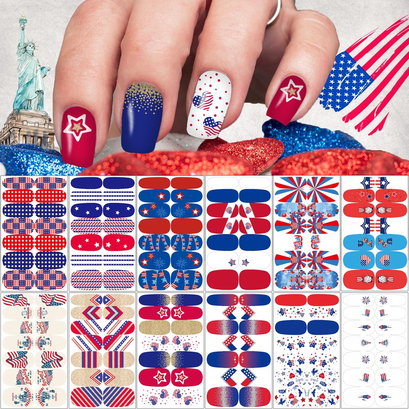 12 Sheets 4th of July Nail Wraps Stickers, Independence Day Full Nail Polish …