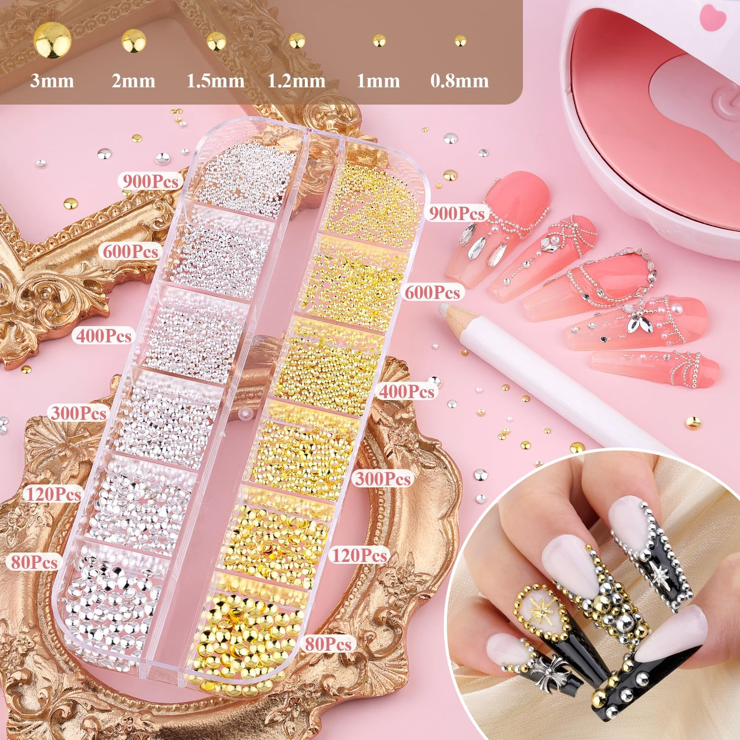7500Pcs 3D Nail Charms, Gold & Silver Small round Metallic Nail Art Gems and Fla
