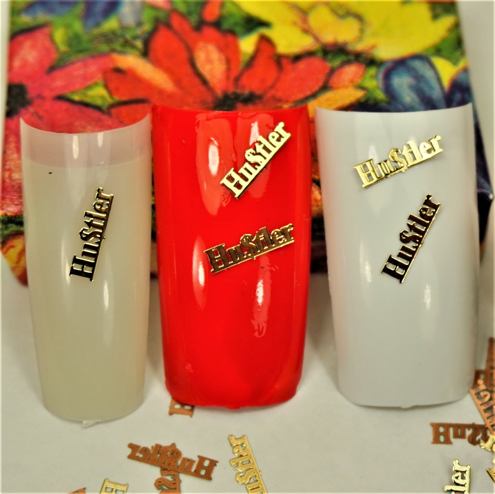 25 GOLD METAL “HUSTLER” NAIL CHARMS NAIL DECALS SMALL GIFT IN BOX FOR WOMEN