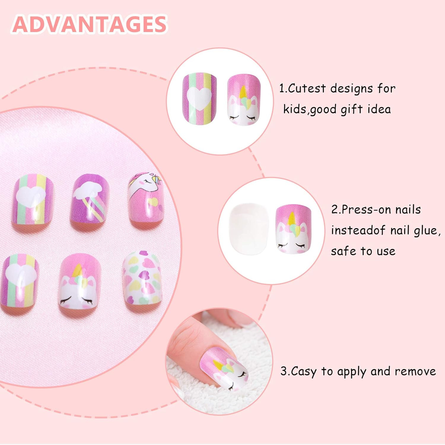 48 Pcs Stick on Nails for Kids Fake Nails for Girls False Nails Lovely Childr…