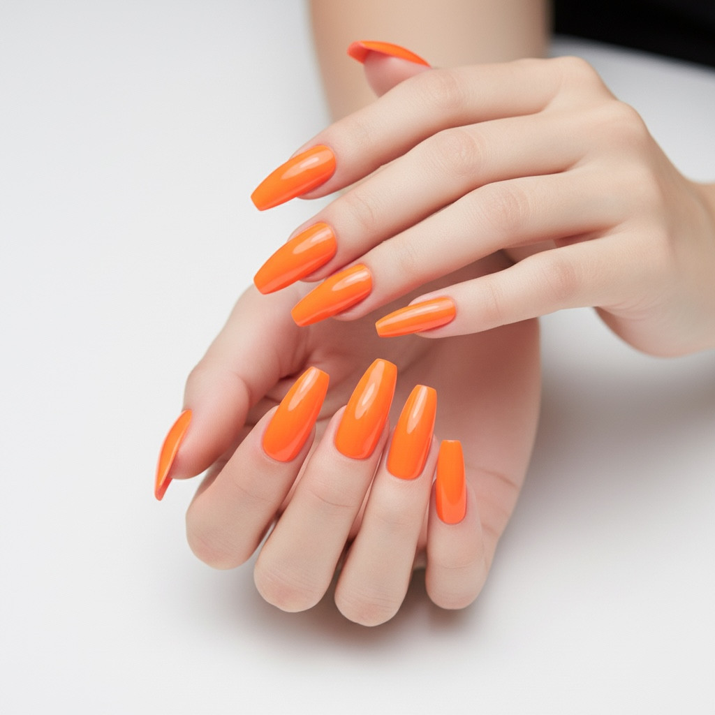 Orange Square Coffin Ballerina Extra Long Fake Acrylic False Tips Press On Nails