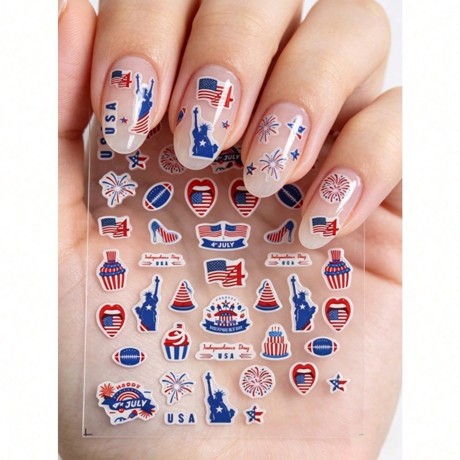 6 Sheets 4th of July Nail Art Stickers 3D Decals Red Blue White American Flags