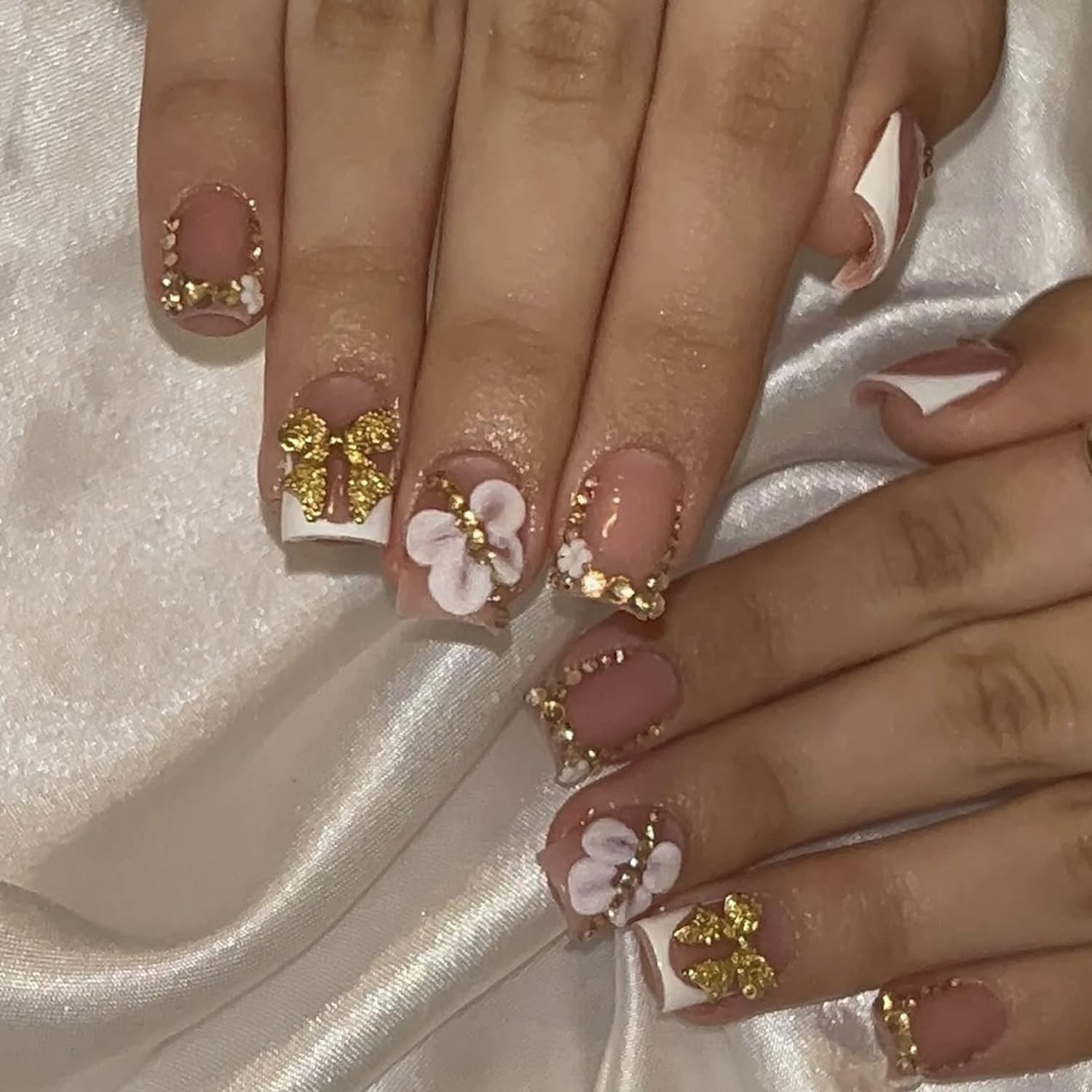 French Tip Press On Nails Short Square – Nude Pink Fake Nails with Gold Bow &…