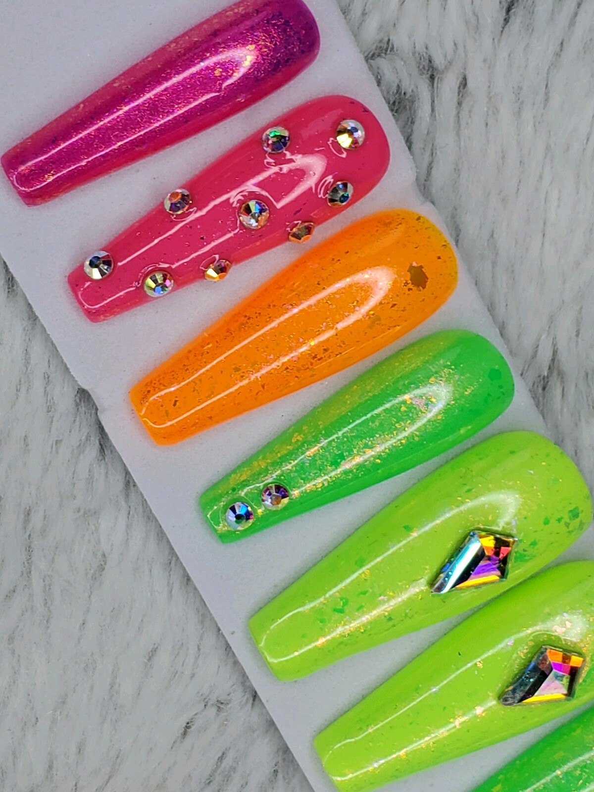 Bright neon rainbow studded crystal nails press on nails bling diamond ballerina