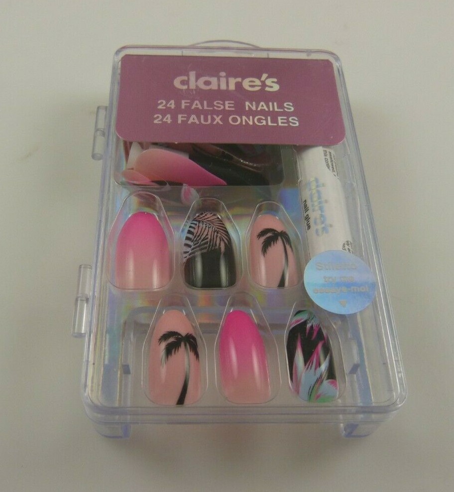 Claire’s faux nails summer palm trees pink black blue glue elegant fun