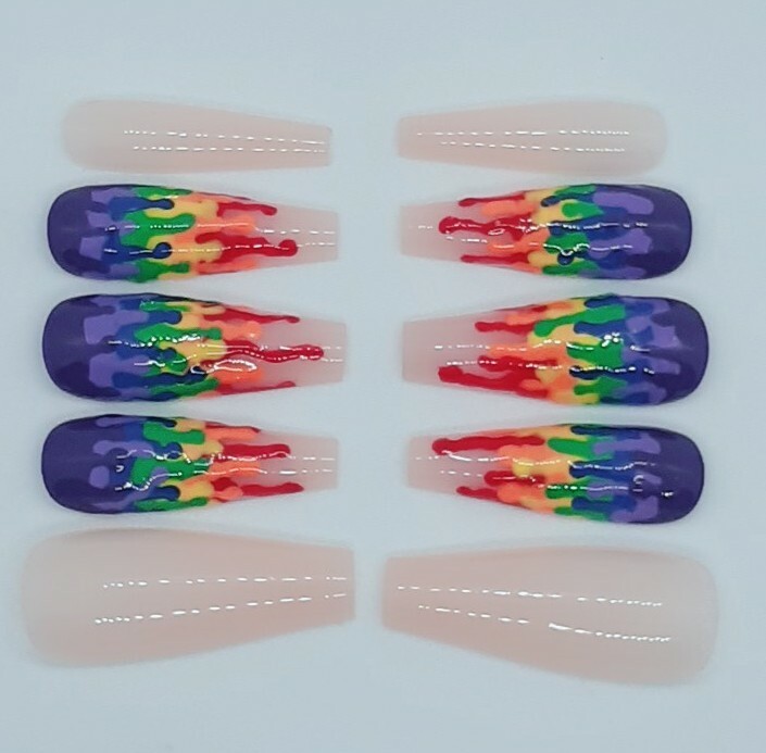 Rainbow Paint Drip Nude Vibrant Multicolor Coffin Press on Nails Set of 10