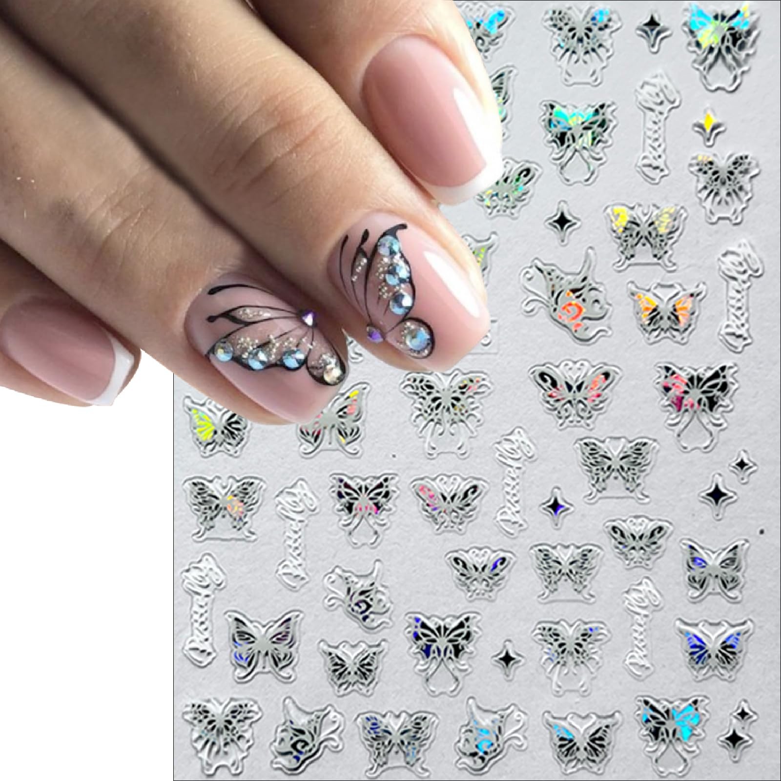 6 Sheets Shiny Aurora Butterfly Nail Art Sticker 3D -Adhesive Luxury White Fl…