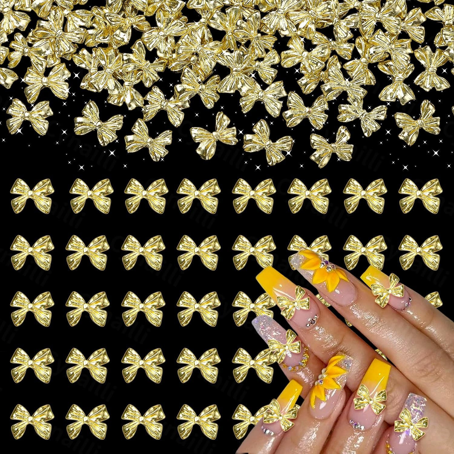 80 Pcs Gold 3D Bow Metal Nail Charm, Luxury Shiny Bows Nail Jewelry Charms for A