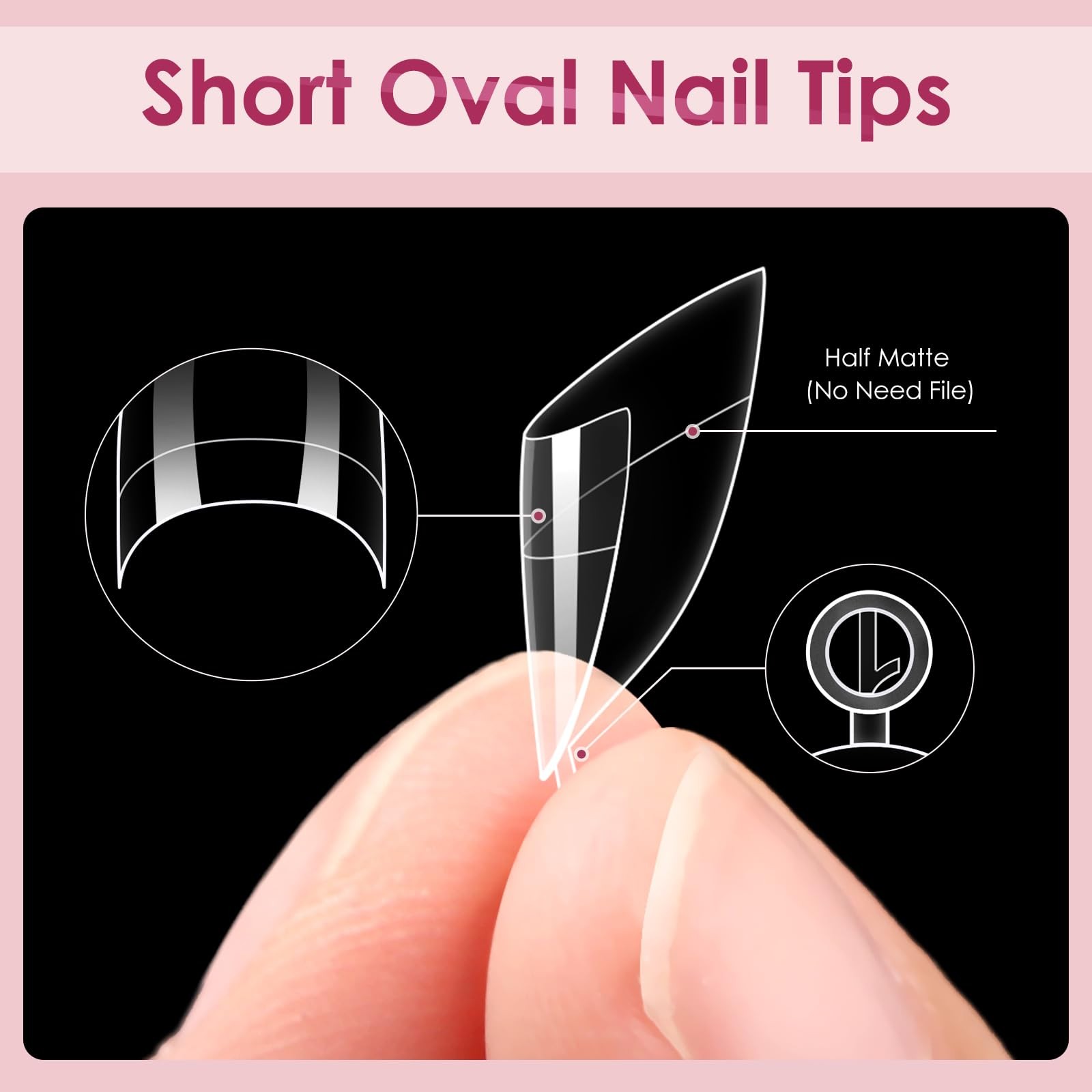 600PCS Clear Short Oval Round Nail Tips, Half Cover False Nails with Handles