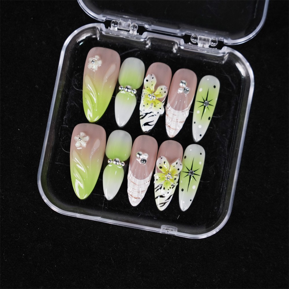 10p-Press on Nails 3D Flower Ombre Sparkle Stiletto Nail Set Reusable Handmade