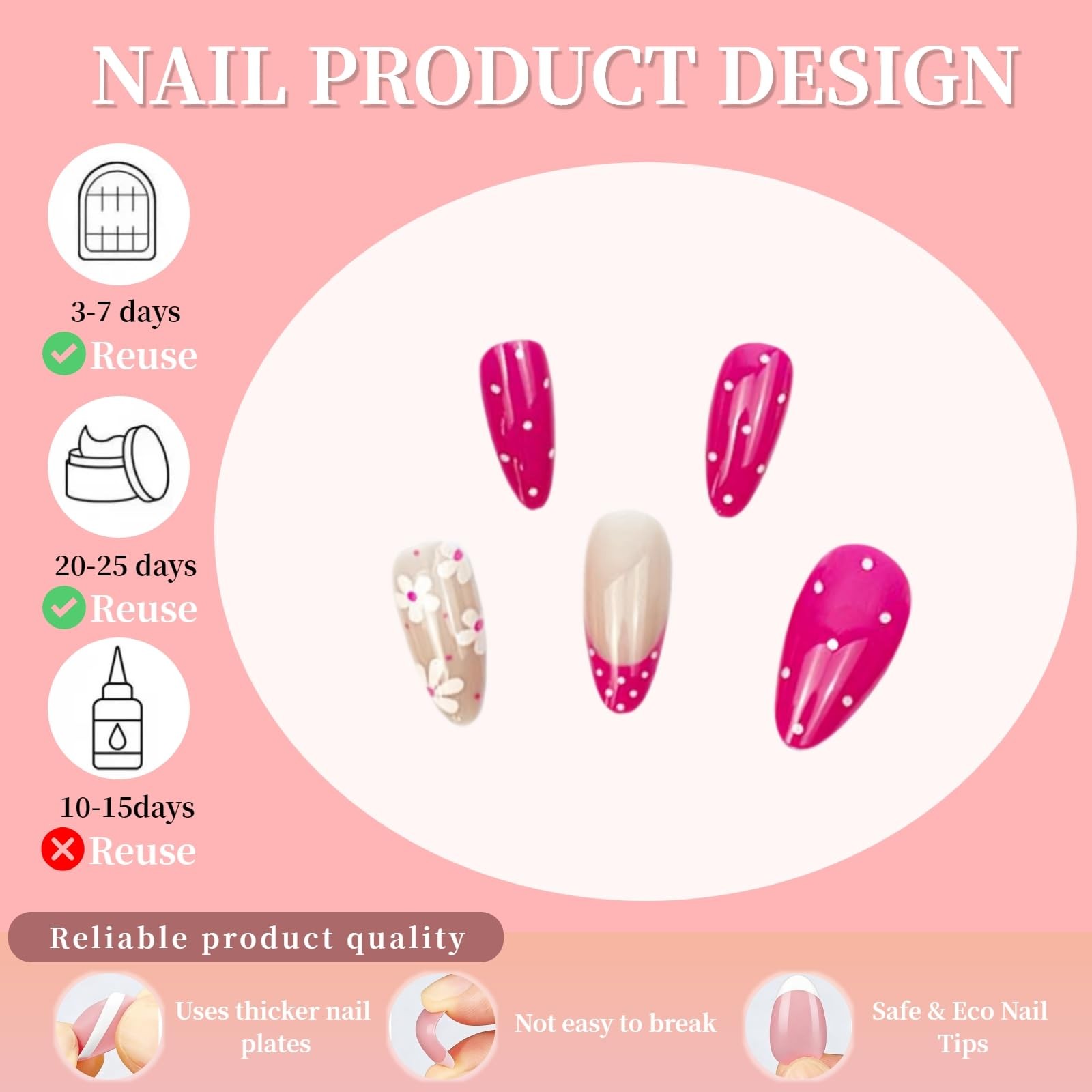 Tephrent Press on Nails Daisy Hot Pink French Tip