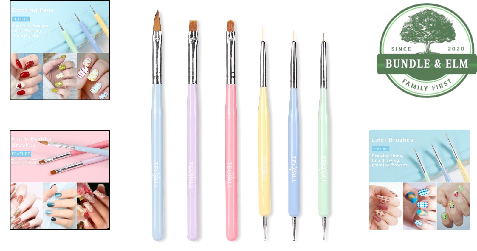 Nail Art Brush Set with Round, Square, and Builder Gel Brushes for Nail Design