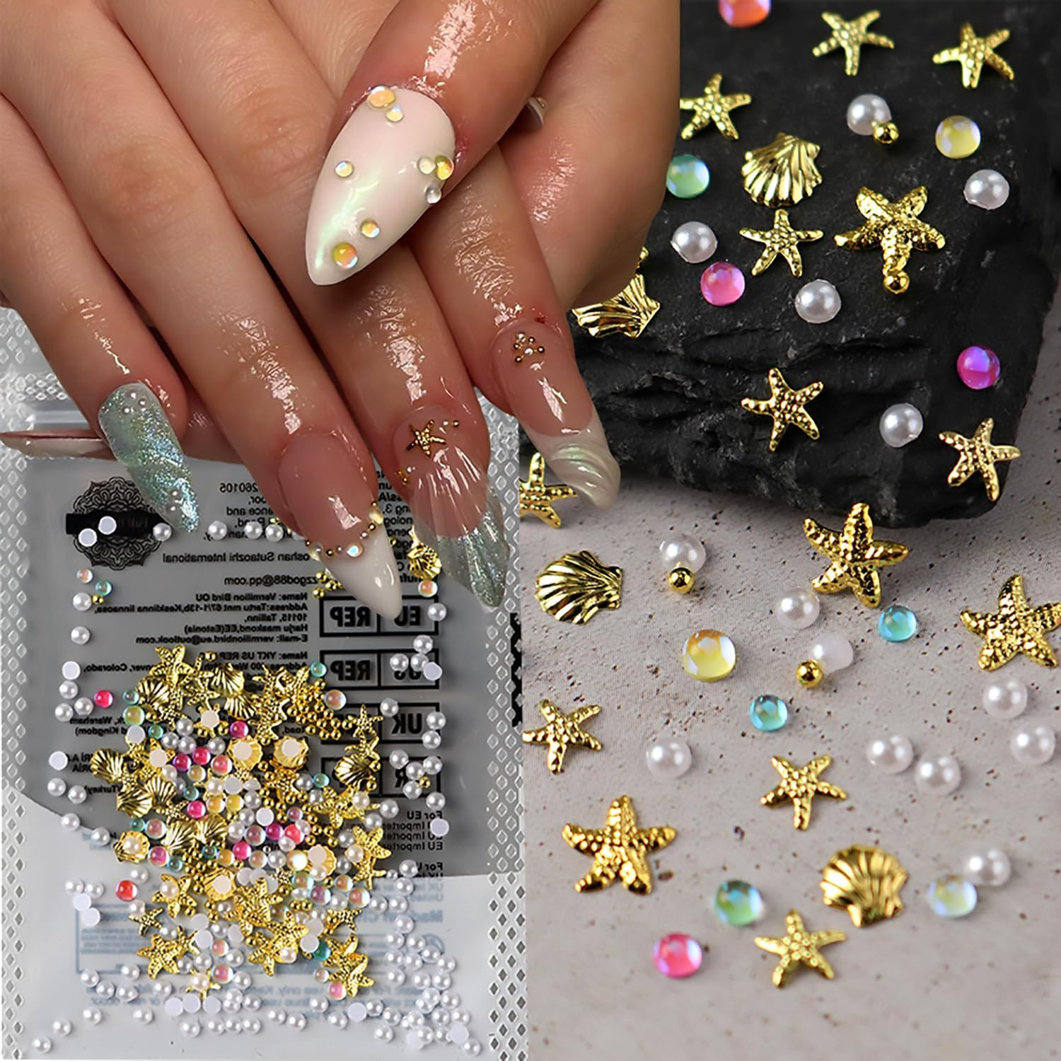 Summer Ocean Nail Art Charms – 3D Gold Starfish & Shell with Pearls