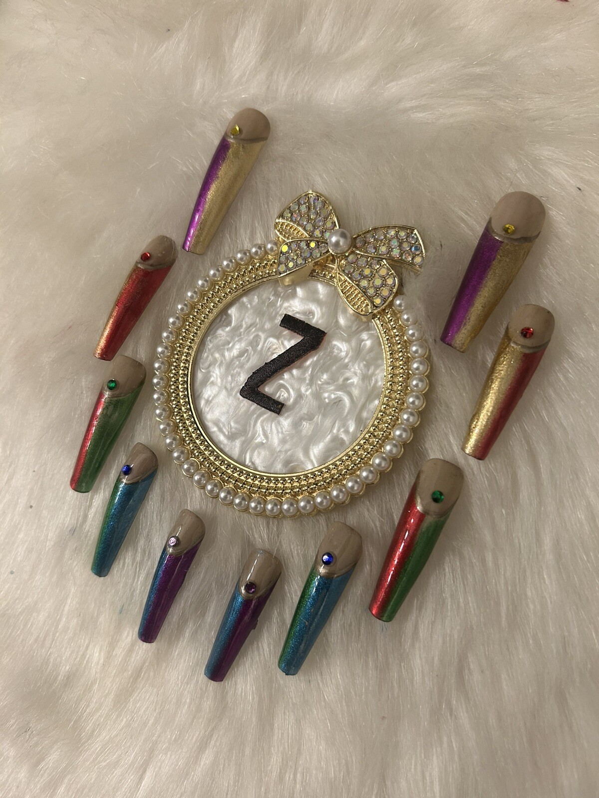 Z NAILZ! Gorgeous Set Of 2XL Metallic Rainbow Color Press On Nails With Stone