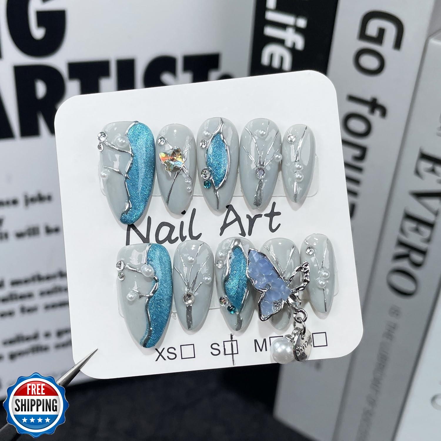 Almond Handmade Press on Nails Blue Glitter Acrylic Nails with 3D Irregular P