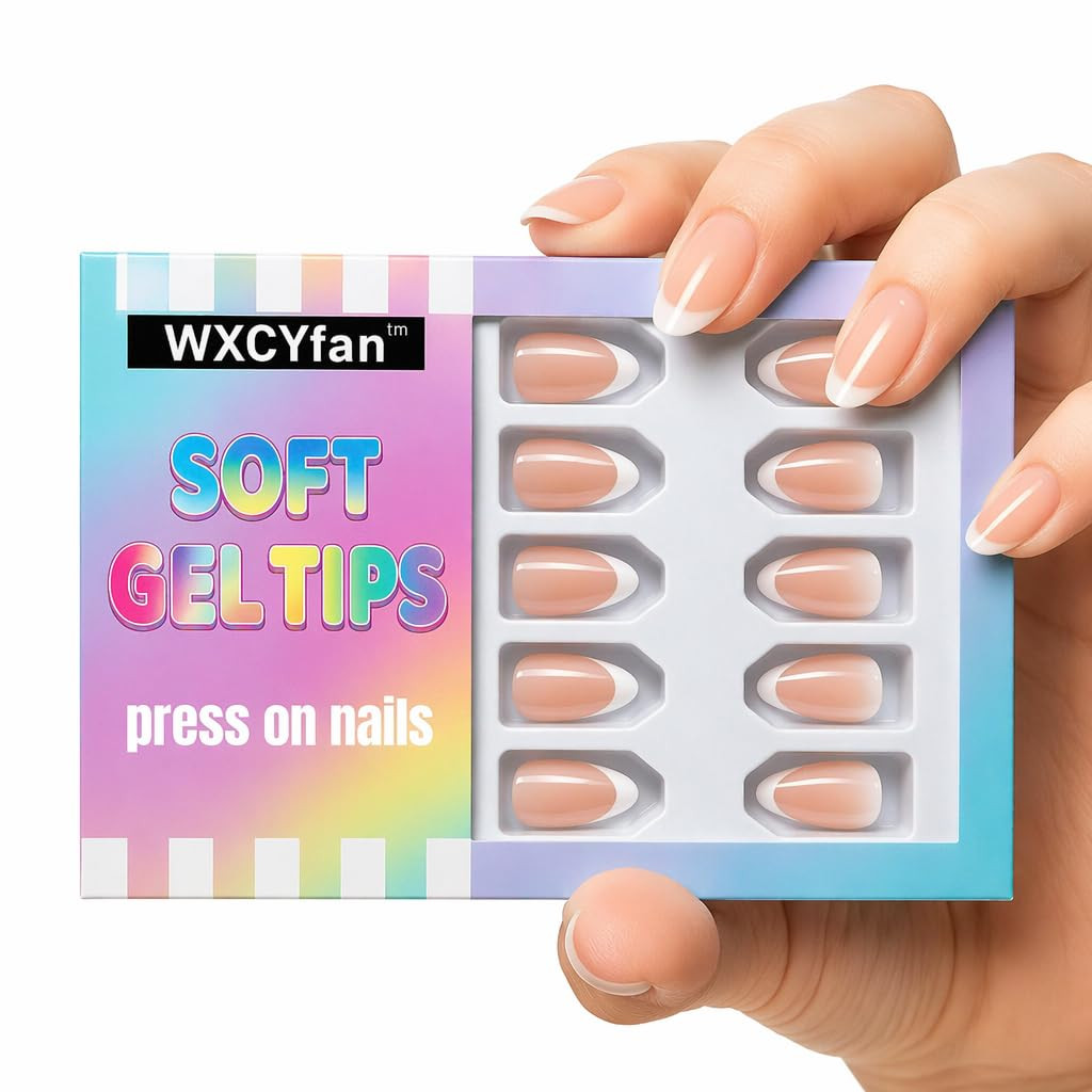 French Almond Press on Nails, Nude Soft Gel Fake Nails with White Tips, Easy App