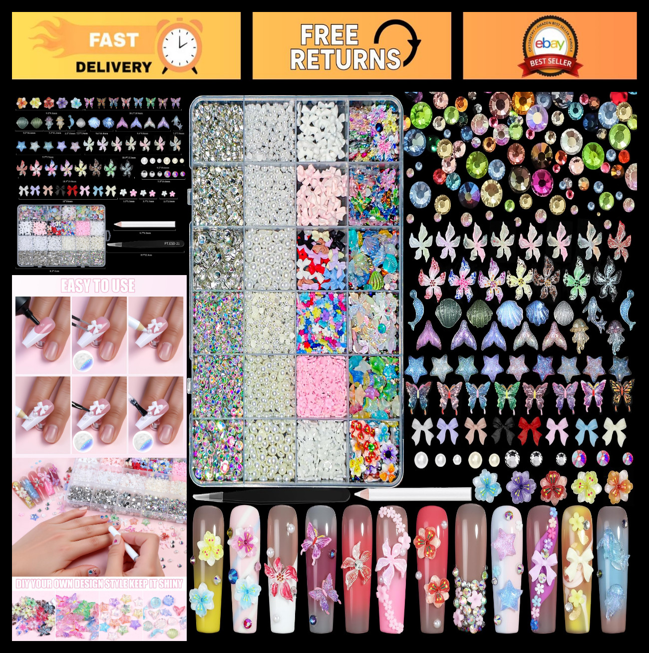 24 Grid Colorful Nail Charms – 3D Flowers, Butterflies, Ocean Stars, Bows & Gems