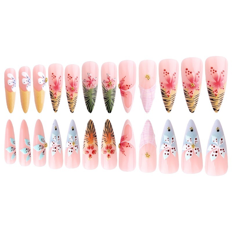 48Pcs-Summer Hibiscus Art Press on Nails Glossy Long Stiletto Nail Art Set