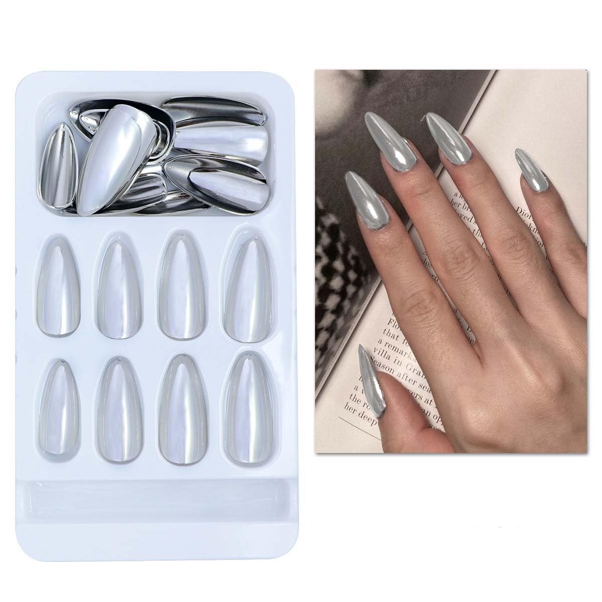 Silver Chrome Press on Nails Almond Fake with Medium Medium,