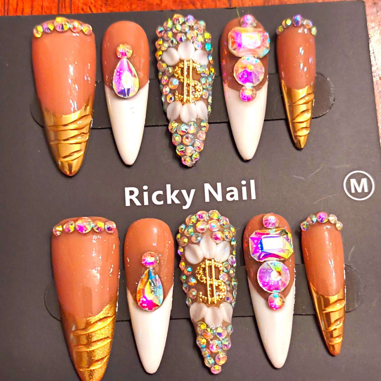 Ricky Nail Press-On Nails Long Stiletto Brown White Gold Rhinestone 3D Shiny